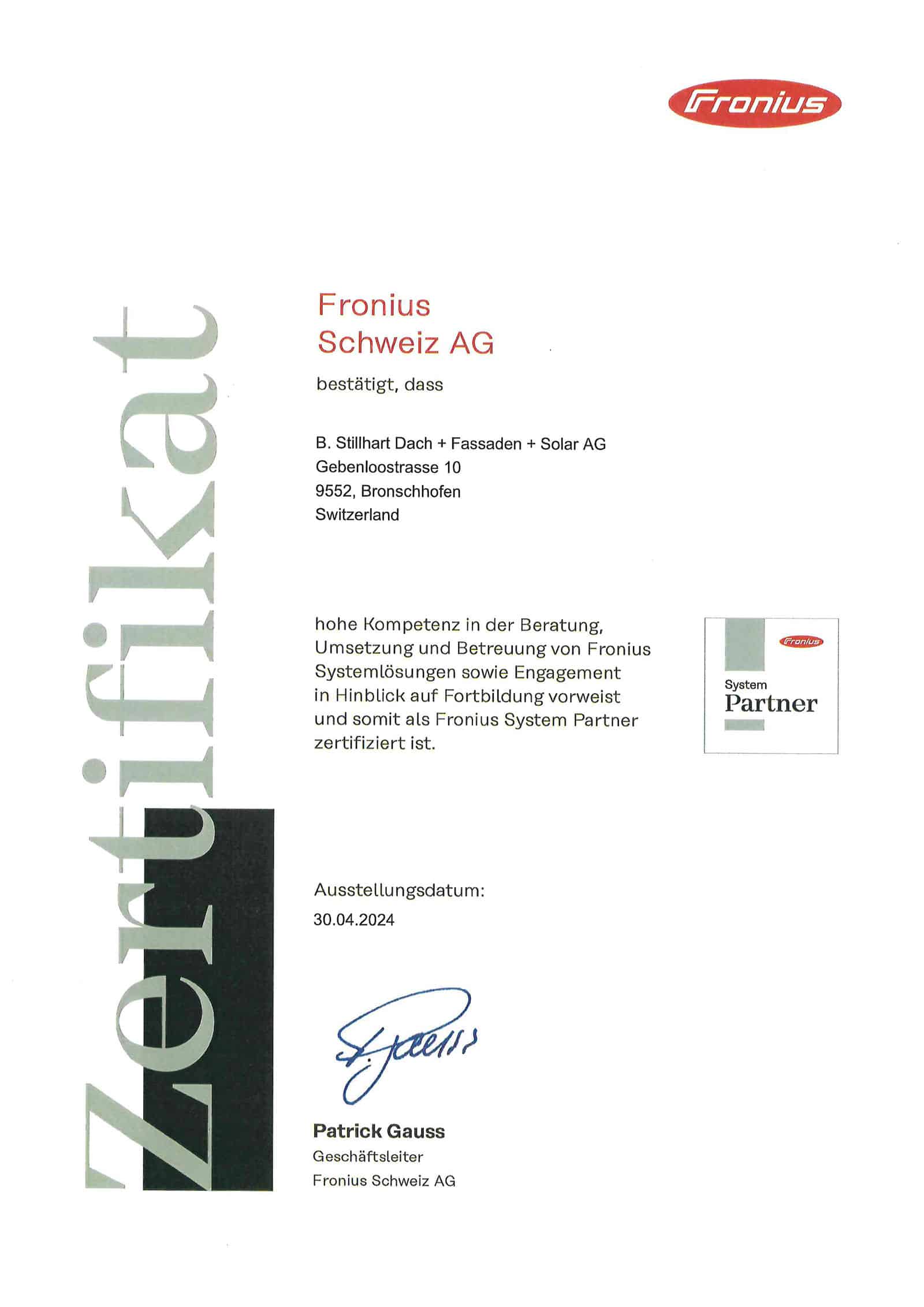 Wir sind zertifiziert als Fronius System Partner